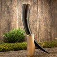 Ladda upp bild i Galleri visare, Drikkehorn Ordained Galore, et elegant aflangt bøffelhorn prydet med metalaccenter, står majestætisk på en rustik træoverflade dækket af grønt mos. Baggrunden har en tekstureret trævæg, mens en nærliggende lille busk introducerer yderligere grønt til de jordnære omgivelser. De indviklede metaldetaljer vækker minder om skatte fra vikinge-marker.