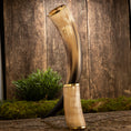 Ladda upp bild i Galleri visare, Drikkehorn Ordained Galore, et smukt udformet drikkehorn med en poleret finish, står oprejst på et stykke træ. Dens base er omgivet af mos og grønt græs. Baggrunden består af træplanker, der tilføjer et rustikt præg til scenen. Dette bøffelhorn er ideelt til vikingemærker og har messingkanter i begge ender.