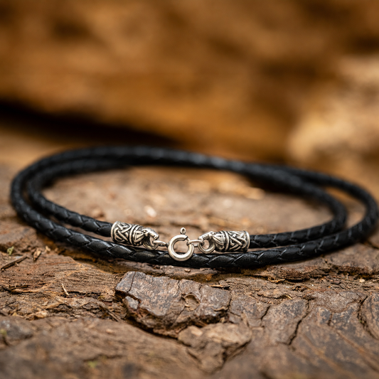 Svart läderhalsband 3 mm flätad Vargr