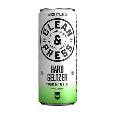 En 330 ml dåse Brewdog - Hard Seltzer Cactus and Lime har et hvidt og lysegrønt gradientdesign med fed sort tekst. Den indeholder 5% ABV, naturlige ingredienser, nul kulhydrater, nul sukker og 90 kalorier.