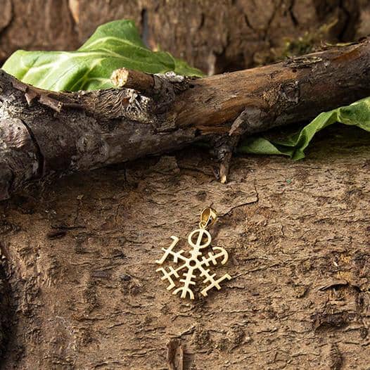 Runeamuletten Vejviser Vedhæng Forgyldt 925s Sterling Sølv, et traditionelt islandsk symbol, ligger på et groft stykke bark med grønne blade omkring. Vedhænget har otte stave, der udstråler fra en central cirkel, sat mod en naturlig skovbaggrund.